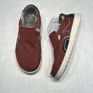 Hey Dude Mikka Shoes Hawk Lava Ladies Sz 10 Mens Sz 8 Red Burgundy Navy Slip Ons